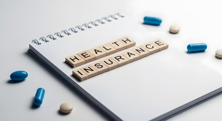 Obraz premium Health insurance concept wooden letters and a notebook on a white surface