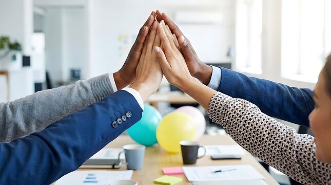 Four diverse hands high fiving in celeb n of a successful team achievement in a modern office setting