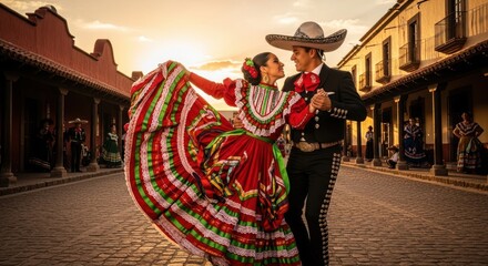 Fototapeta premium Traditional Mexican couple dancing in a historic town square during sunset with colorful dresses and