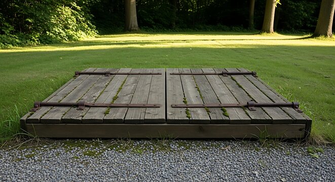 Wooden hatch doors on the ground in a grassy area.
