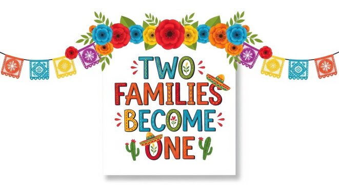 a colorful sign with flowers and banners that says two families become one family celebration festiv