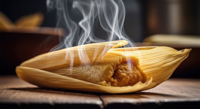 Steaming hot tamale wrapped in a corn husk on a wooden surface close up detail view natural lighting