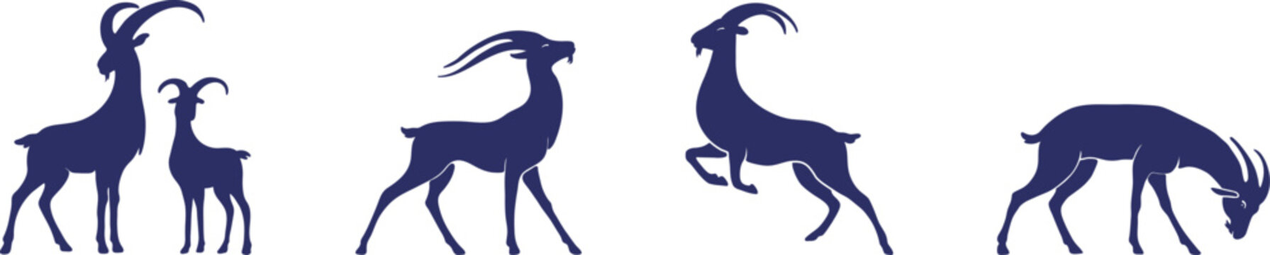 Elegant Goat Silhouettes Set &ndash; Graceful Ibex Antelope Style Animals for Zodiac, Logos, Branding and Patterns Vector Collection. Chinese Zodiac Goat Symbol.