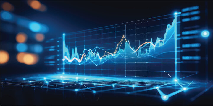 An abstract medical technology illustration featuring a blue ECG heart beat line on a monitor cardiogram chart to track a pulse wave for health or finance market business