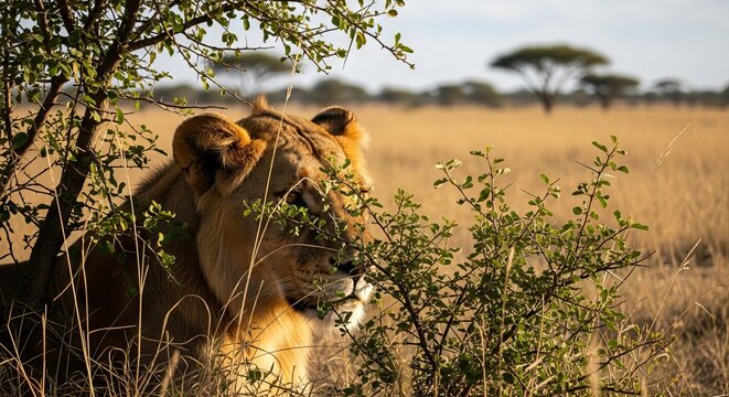 Cinematic scenes of lion stalking prey in savanna, capturing tension, stealth, and natural hunting behavior in wildlife storytelling.