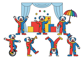 Fototapeta premium Cartoon set of 7 circus clown characters featuring juggling, unicycle, handstand and umbrella poses for entertainment design