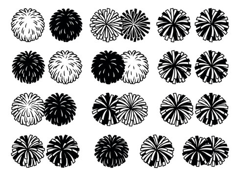 Flat icon set of 20 cheerleader pom poms featuring solid, outline and striped variations for sports and spirit design
