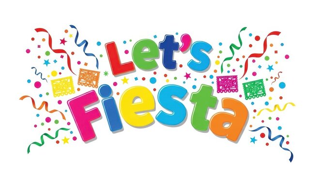 A colorful celebration sign with confetti and streamers reading Let's Fiesta in a fun playful font o