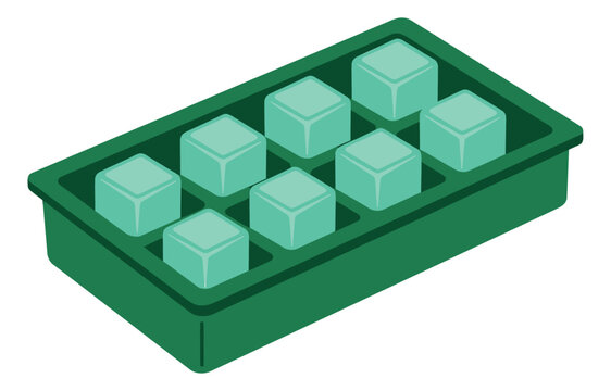 Flat illustration of green ice cube tray depicting a full frozen water mold for kitchen and beverage design