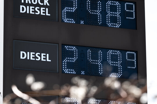 Diesel prices at a petrol station in Germany. Close-up of the digital display showing 2,49 Euro per liter for the fuel. Energy crisis in April 2026 in Europe.