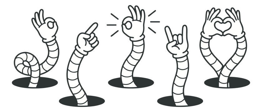 Cartoon icon set of 5 worm characters featuring hand gestures including ok sign, rock on, heart and pointer for fun design