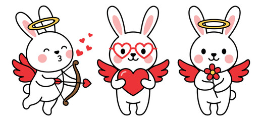 Fototapeta premium Cartoon icon set of 3 cute angel bunny characters featuring cupid bow, heart and flower poses for Valentine's Day design