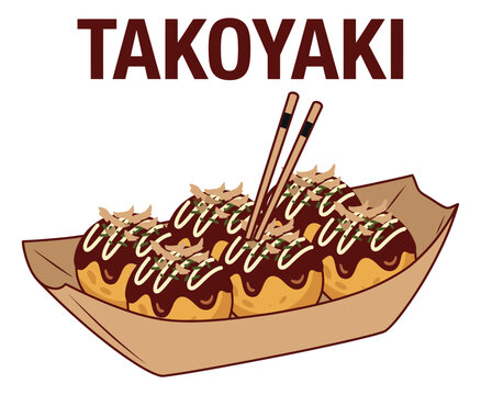 Cartoon illustration of takoyaki depicting Japanese octopus balls with toppings served in paper tray for food design