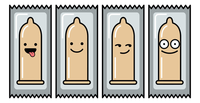 Cartoon icon set of 4 condom characters featuring cute facial expressions in packaging for sexual health design