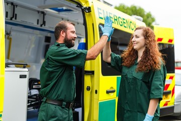 Paramedics celebrating teamwork success. © Rawpixel.com