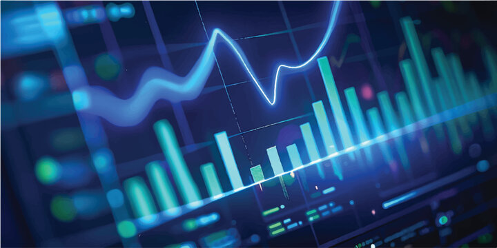 An abstract blue technology screen displays a stock market graph transitioning into a medical heart pulse line to represent the vital growth data of both business finance and human health