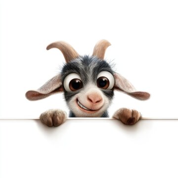 A cute cartoon goat peeks out from behind a white background, space for text