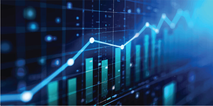 A 3d financial stock market graph with a blue arrow and heartbeat line shows data growth and business success on a black monitor screen