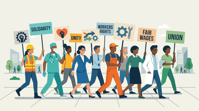 This flat design illustration depicts a diverse group of workers marching in solidarity for International Worker Day, symbolizing unity and collective action. 