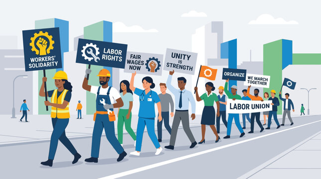This flat design illustration depicts a diverse group of workers marching in solidarity for International Worker Day, symbolizing unity and collective action. 