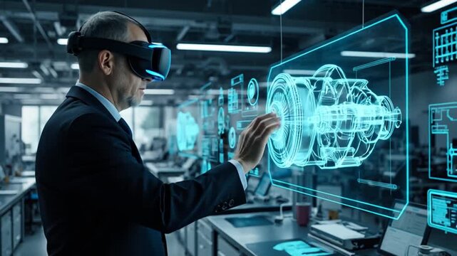 Businessman Using Virtual Reality Headset Interacting with 3D Digital Mechanical Blueprint in Modern Technology Workspace