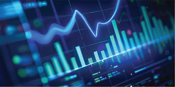 An abstract blue technology monitor displays a medical pulse heartbeat wave alongside a business finance stock market growth chart to visualize data health and market trends through a digital cardiogr