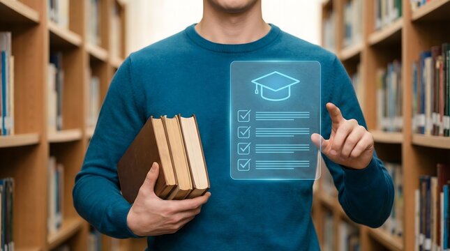 Mahasiswa memegang buku sambil menyentuh hologram topi kelulusan dan daftar periksa di perpustakaan