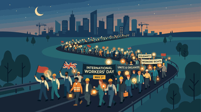 An atmospheric flat design illustration of an International Worker Day parade at dusk, where workers carry glowing lanterns, symbolizing hope, progress, and collective action.