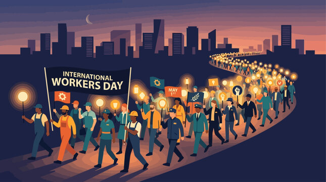 An atmospheric flat design illustration of an International Worker Day parade at dusk, where workers carry glowing lanterns, symbolizing hope, progress, and collective action.