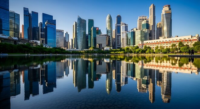 Modern Singapore city skyline reflecting on Marina Bay water at sunset