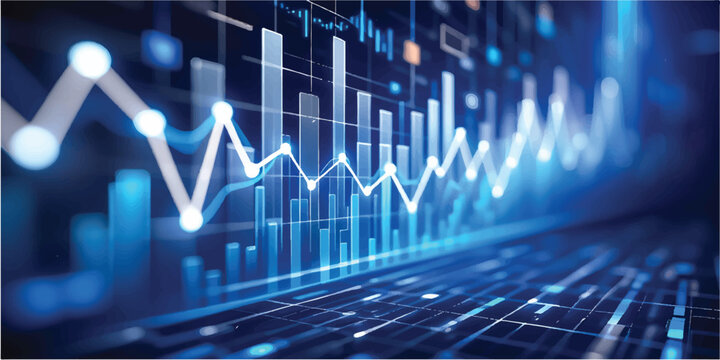 An abstract blue background featuring binary code and a digital heartbeat pulse wave integrates medical health data with financial market growth charts on a business technology monitor screen