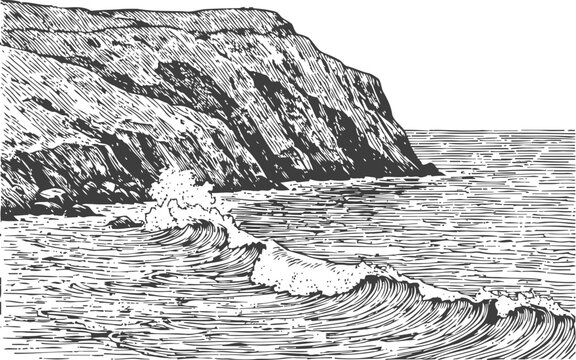 Rugged coastline with crashing ocean waves and steep cliff in detailed vintage engraving
