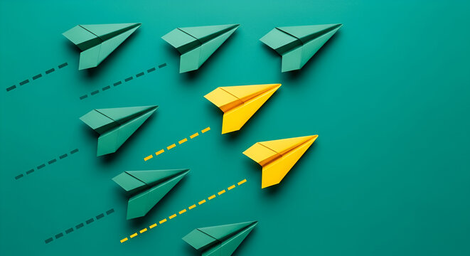Two vibrant yellow paper airplanes lead a formation of green ones, breaking from a conventional path on a teal background, symbolizing innovation and individuality.