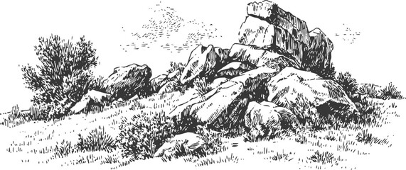 Obraz premium Natural rocky terrain with large boulders and shrubs in detailed black ink drawing