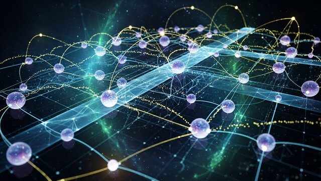Quantum network connections with glowing nodes and lines