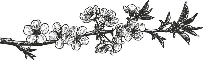 Fototapeta premium cherry blossom branch with flowers and leaves, detailed black ink drawing, botanical botanical illustration