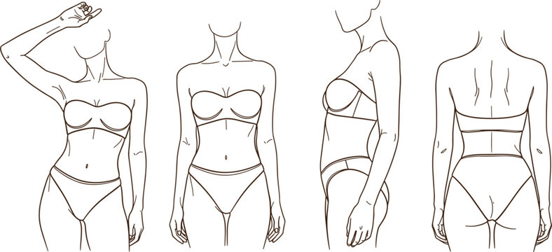 Female body fashion croquis template showing front side and back views for technical clothing sketches apparel design illustrations and garment manufacturing development.
