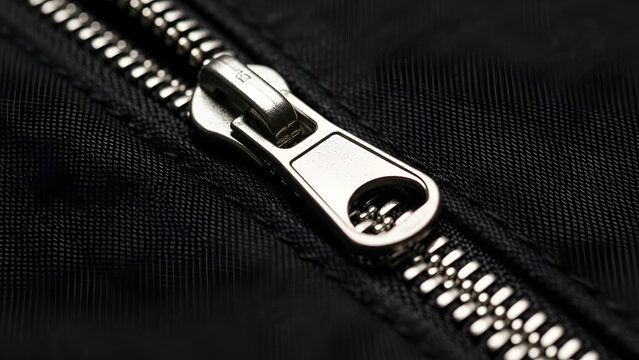 Close-up of a silver zipper pull on a black fabric background