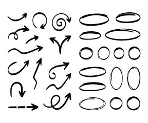 Obraz premium Hand drawn arrows and shapes for graphic design elements on white background
