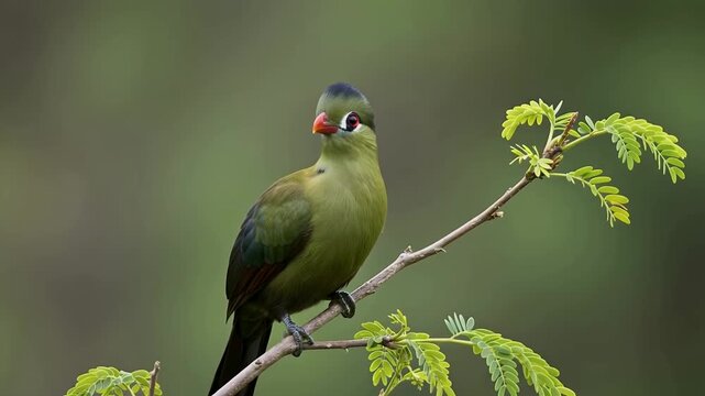 Exotic Knysna Turaco Bird Perched on a Green Branch in the Wild, Close-up Portrait of a Green Tropical Bird with Red Beak and Blue Crest, Wildlife and African Ornithology Concept