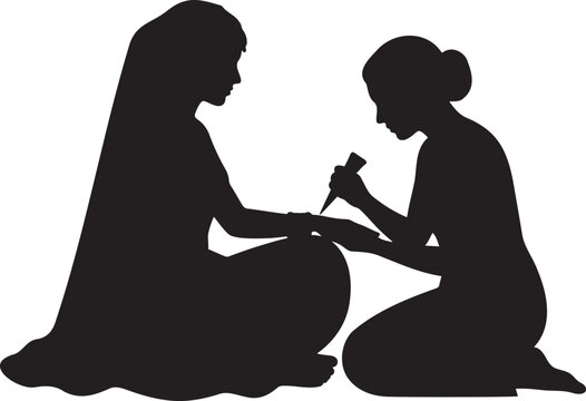 Woman applying traditional henna mehndi art on another woman's hand simple flat black silhouette vector illustration isolated on white background for indian wedding culture beauty and bridal salon log