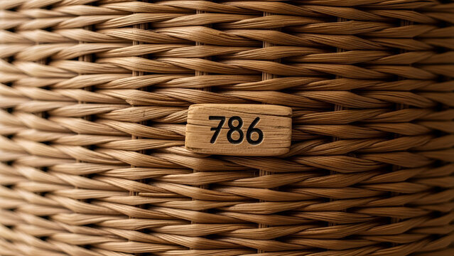 Close-up of a woven basket with a small wooden label bearing the number 786