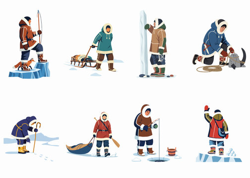 Flat illustration set of indigenous Arctic people performing traditional daily activities like hunting, ice fishing, and sledding in the snowy North.