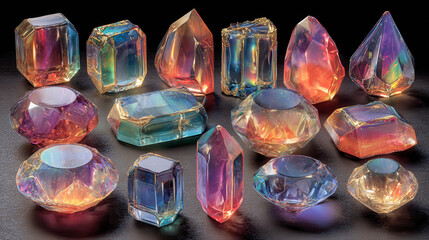 Shimmering gems reflect rainbow hues with dazzling clarity. Each crystal catches light, casting vivid, colorful glows. Their polished surfaces gleam, drawing the eye with brilliance
