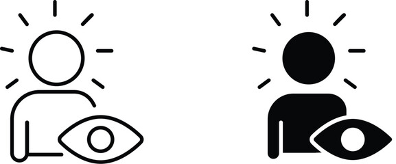 Minimalist visual perception icons, person with glowing head and eye symbol, creative vision and insight concept vector set © Najma