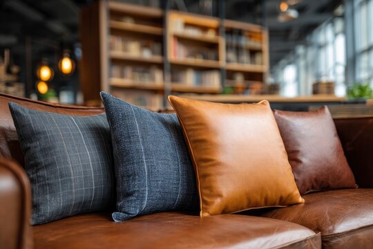 Decorative throw pillows on a brown leather sofa, cozy living room interior with blurred bookshelf in the background.
