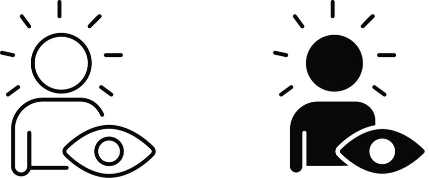 Minimalist visual perception icons, person with glowing head and eye symbol, creative vision and insight concept vector set