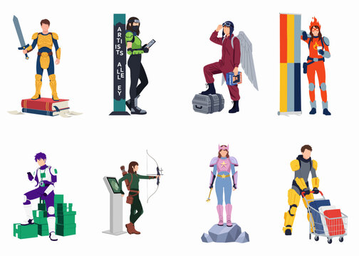 Flat design illustration set of eight diverse cosplayers in various costumes like knight, ninja, superhero, and archer at a fan convention.