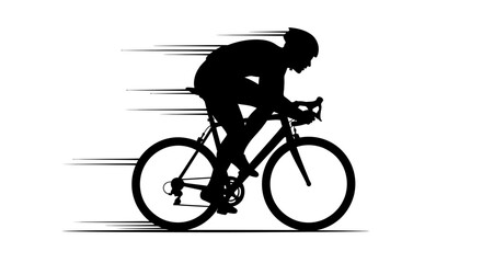 Fototapeta premium Silhouette of a male cyclist riding a racing bicycle with speed motion lines on isolated white background.