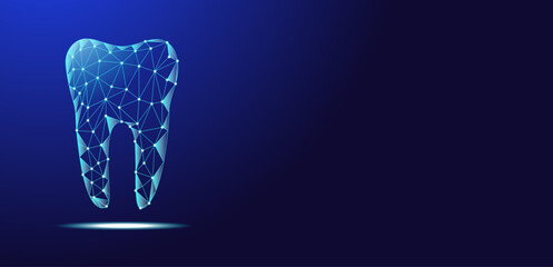 Futuristic Low Poly Tooth with Glowing Network Connections, Digital Dental Healthcare Technology Concept, Human Dentistry Illustration © UIA Design 